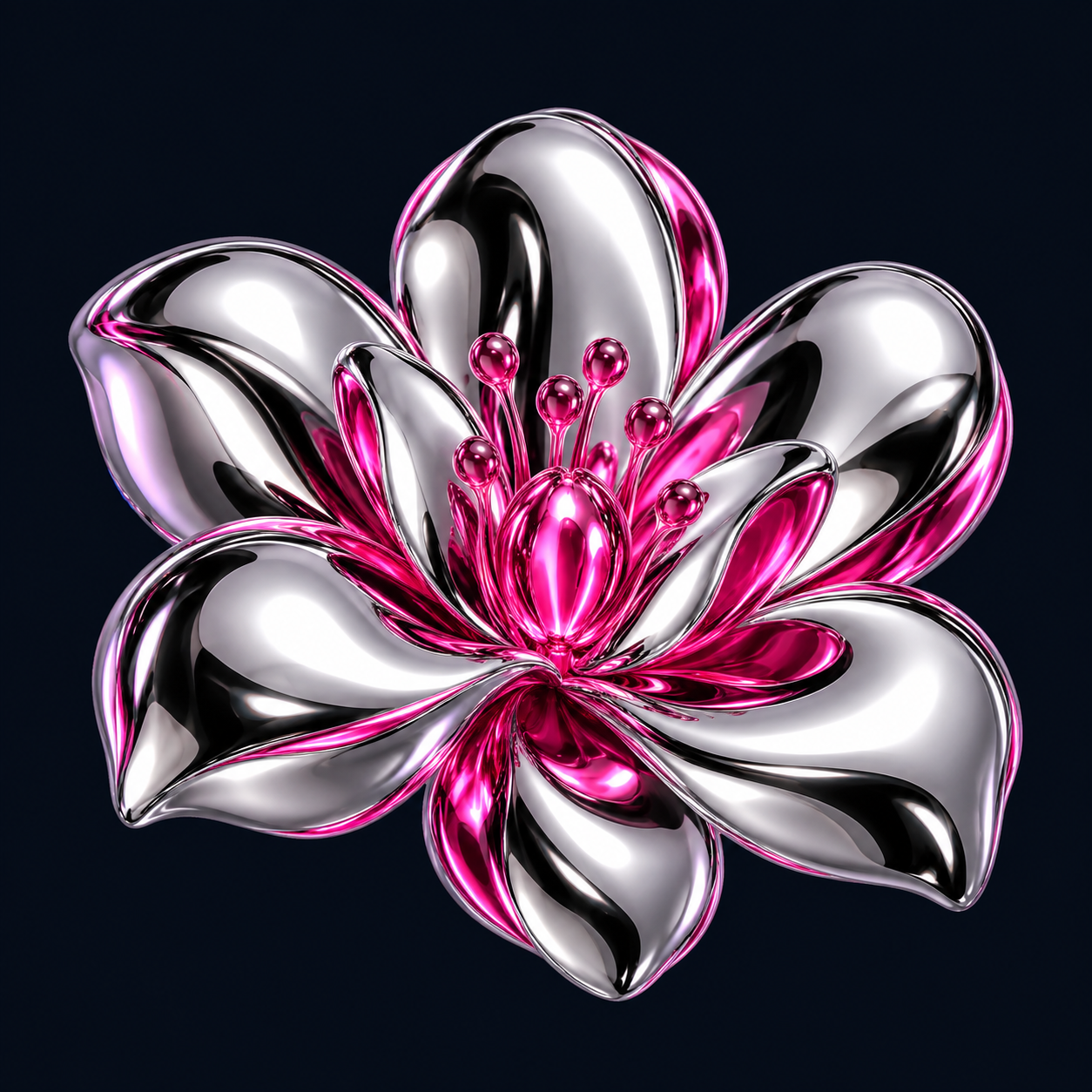 A sculptural chrome flower with vivid pink accents.