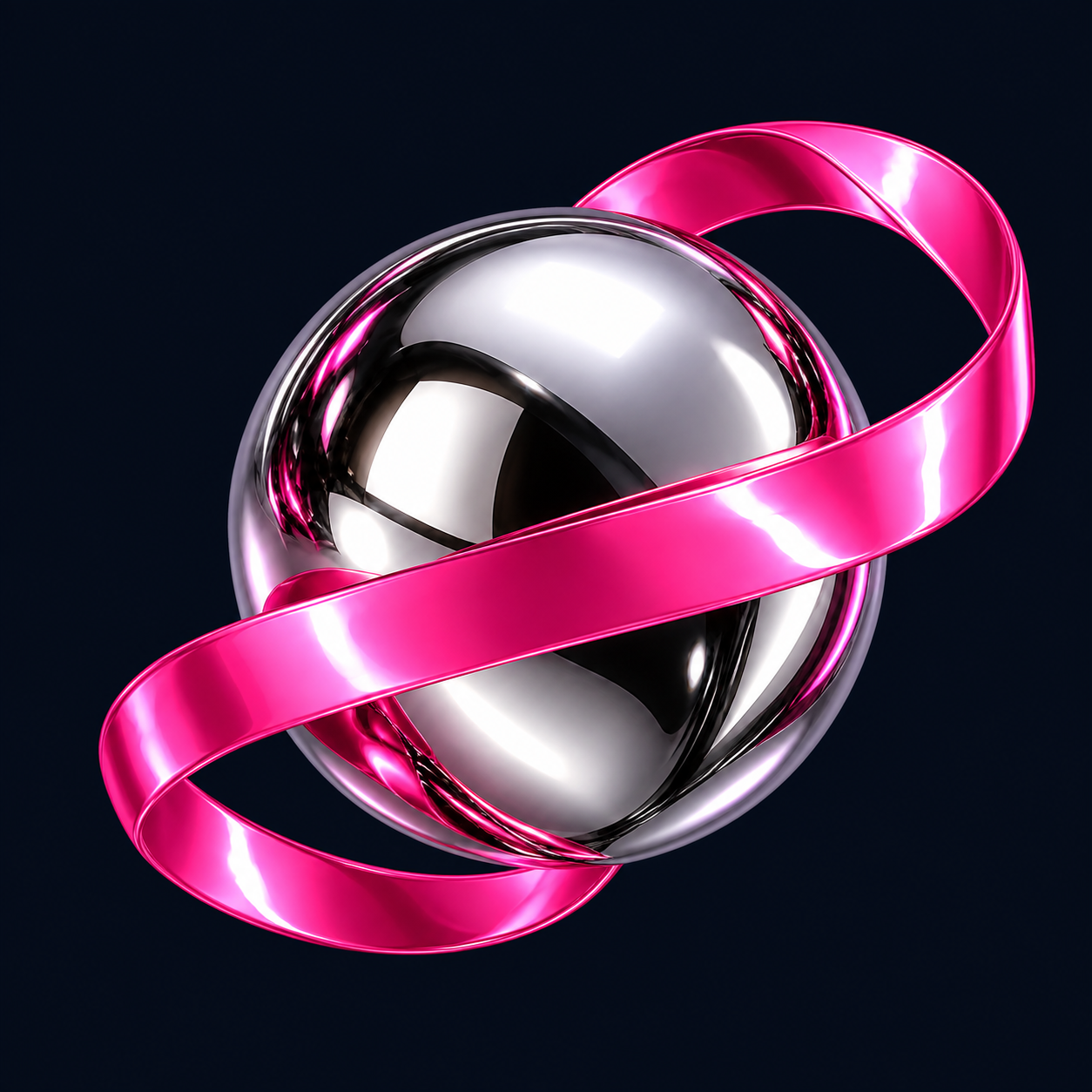 A chrome sphere encircled by a glossy pink ribbon.